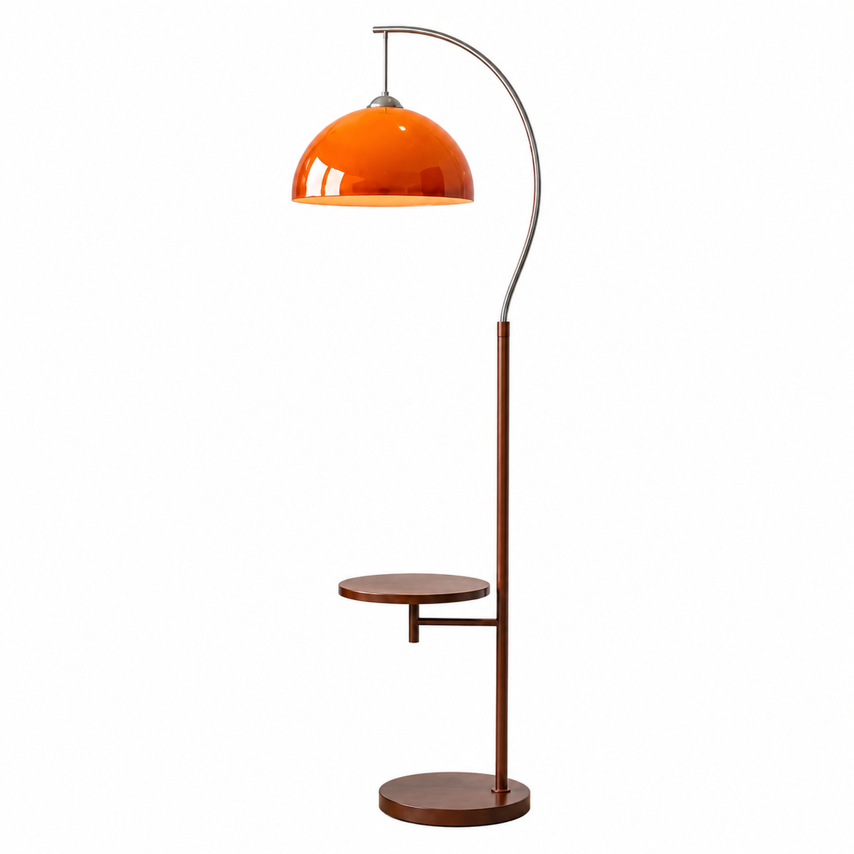 A modern floor lamp with a glossy orange dome shade, a curved silver metal arm, and a dark brown wooden stand featuring a small side table and round base, shown on a plain white background.
