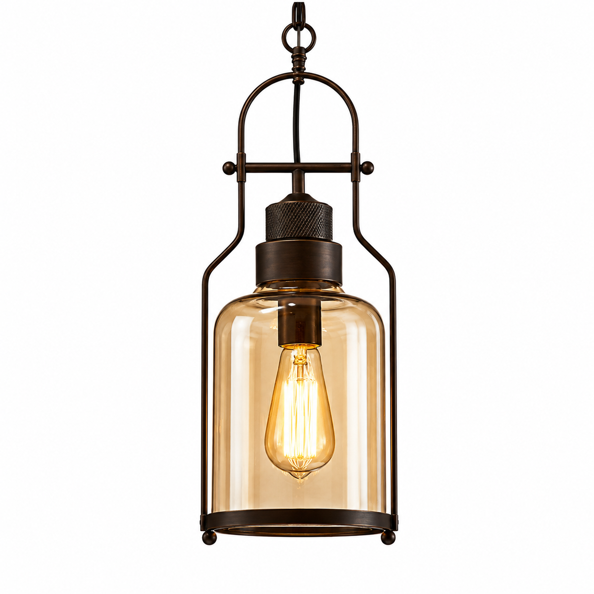A rustic industrial-style pendant light with a dark bronze metal frame and a clear amber-tinted glass shade, showcasing a glowing Edison bulb inside, set against a plain white background.