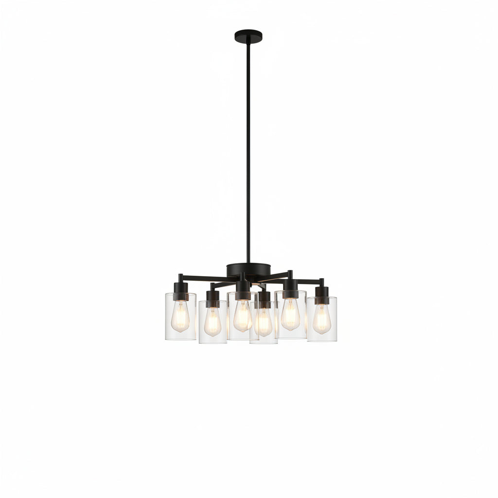 9 light black chandelier with clear glass shades E26 base adjustable height for dining room, kitchen island, living room, bedroom, and entryway-1.