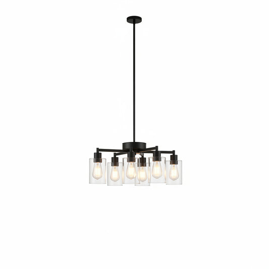 9 light black chandelier with clear glass shades E26 base adjustable height for dining room, kitchen island, living room, bedroom, and entryway-1.