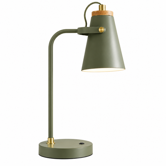 An olive green table lamp with a curved arm, a cone-shaped shade, a round base, and brass accents, including a wooden cap on the neck.