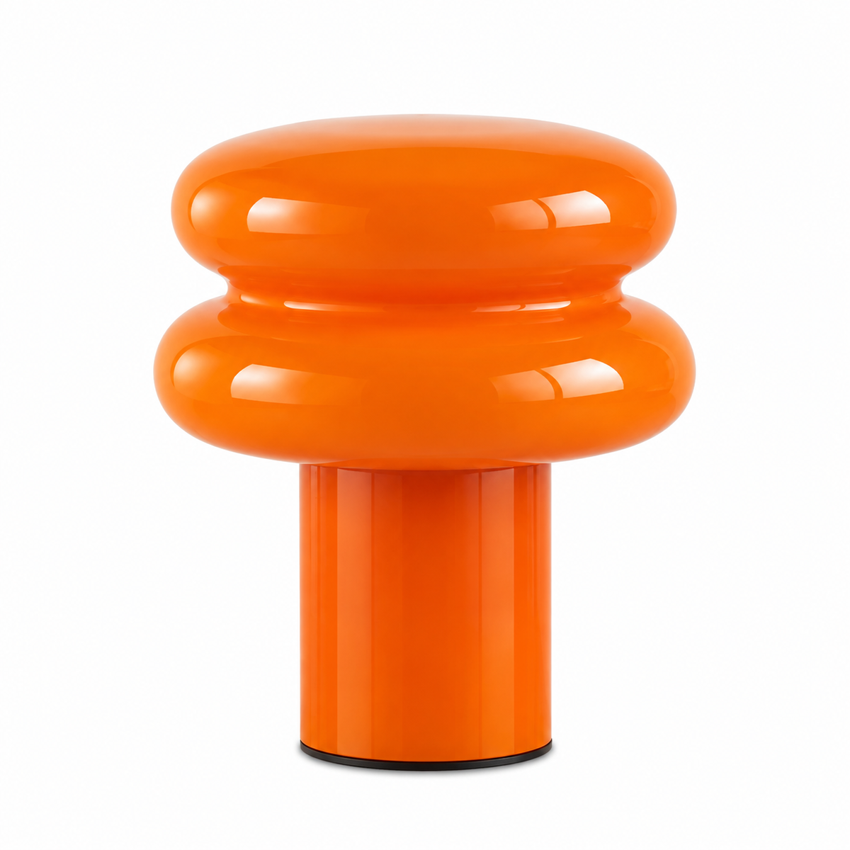A glossy orange mushroom-shaped side table or stool with a cylindrical base, shown on a plain white background.