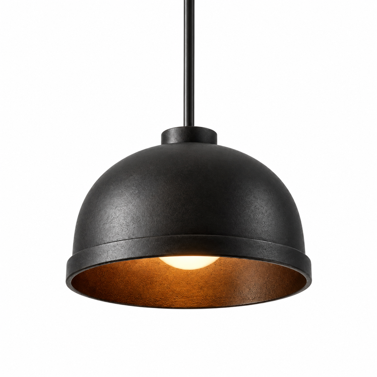 A dome-shaped pendant light fixture with a matte black exterior and a warm glowing orange interior, suspended by a black cord against a plain white background.