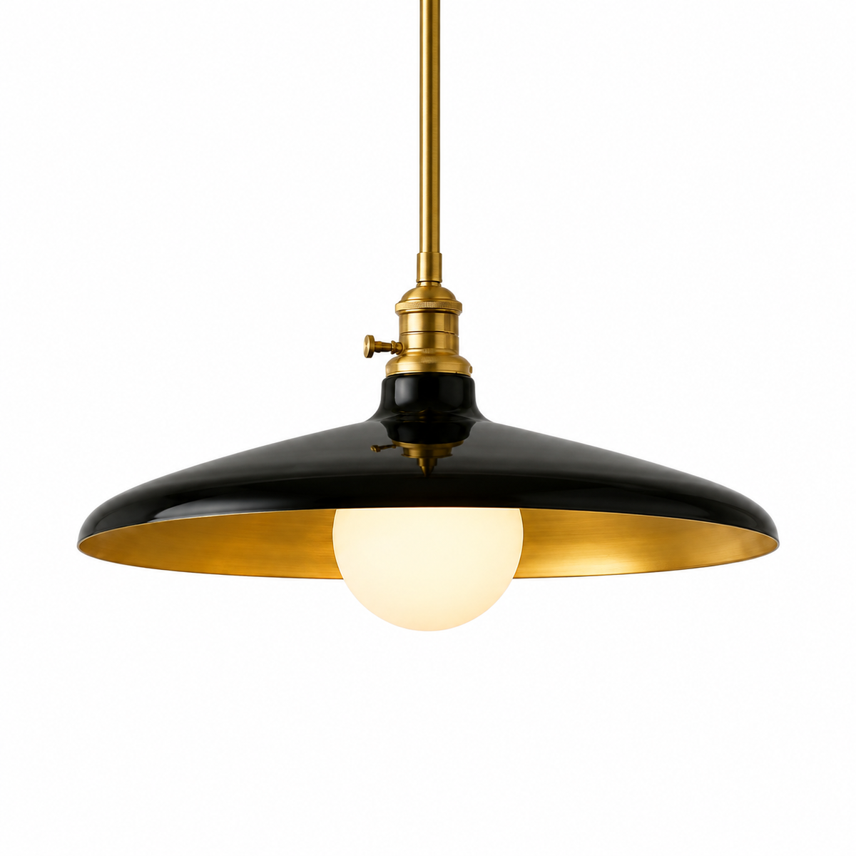 A modern pendant light fixture with a glossy black metal shade featuring a polished gold interior, suspended by a brass-toned rod with a glowing white globe bulb.