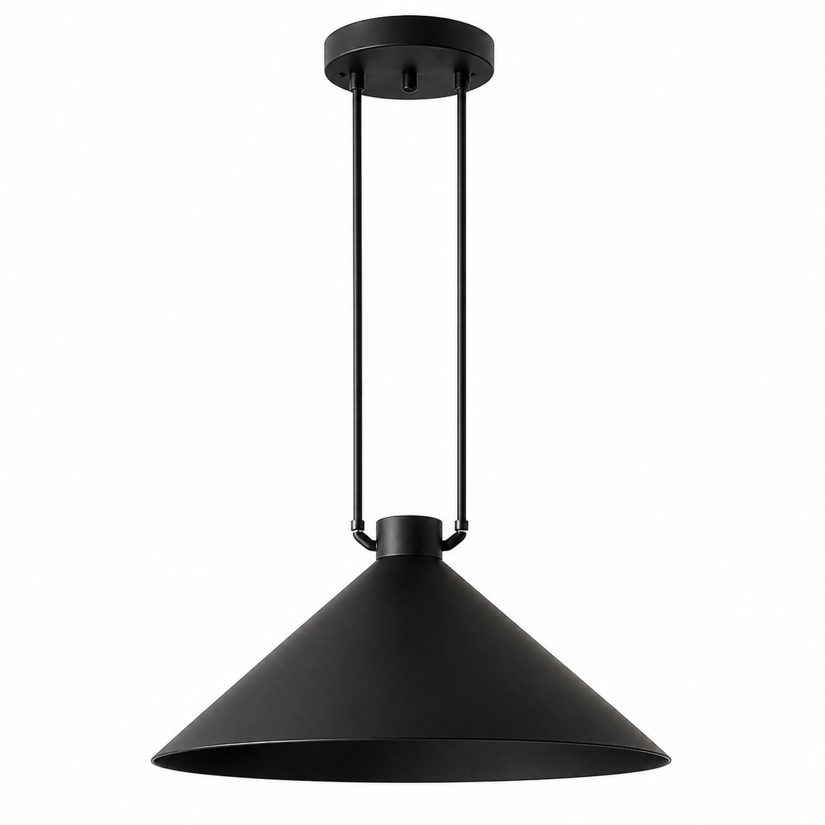 A matte black pendant light fixture with a wide conical shade, suspended by two slim cables from a matching circular ceiling canopy, shown against a solid white background.