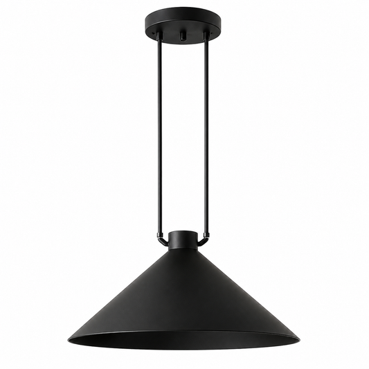 A matte black pendant light fixture with a wide conical shade, suspended by two slim cables from a matching circular ceiling canopy, shown against a solid white background.