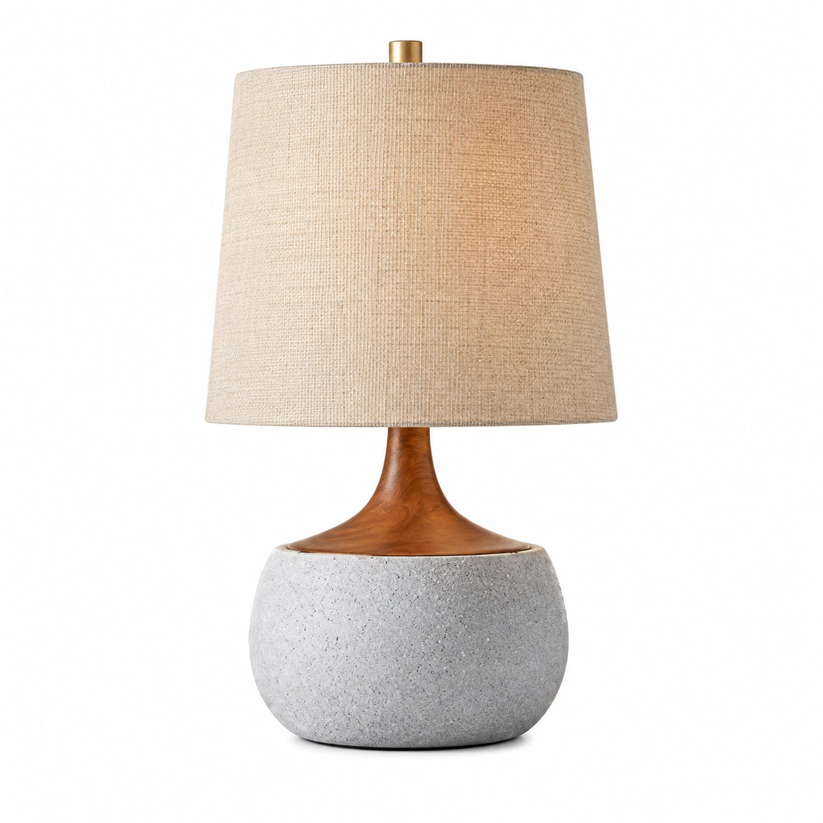 A modern table lamp with a textured light beige linen drum shade, a warm medium-brown wooden neck, and a round gray concrete base, shown on a solid white background.