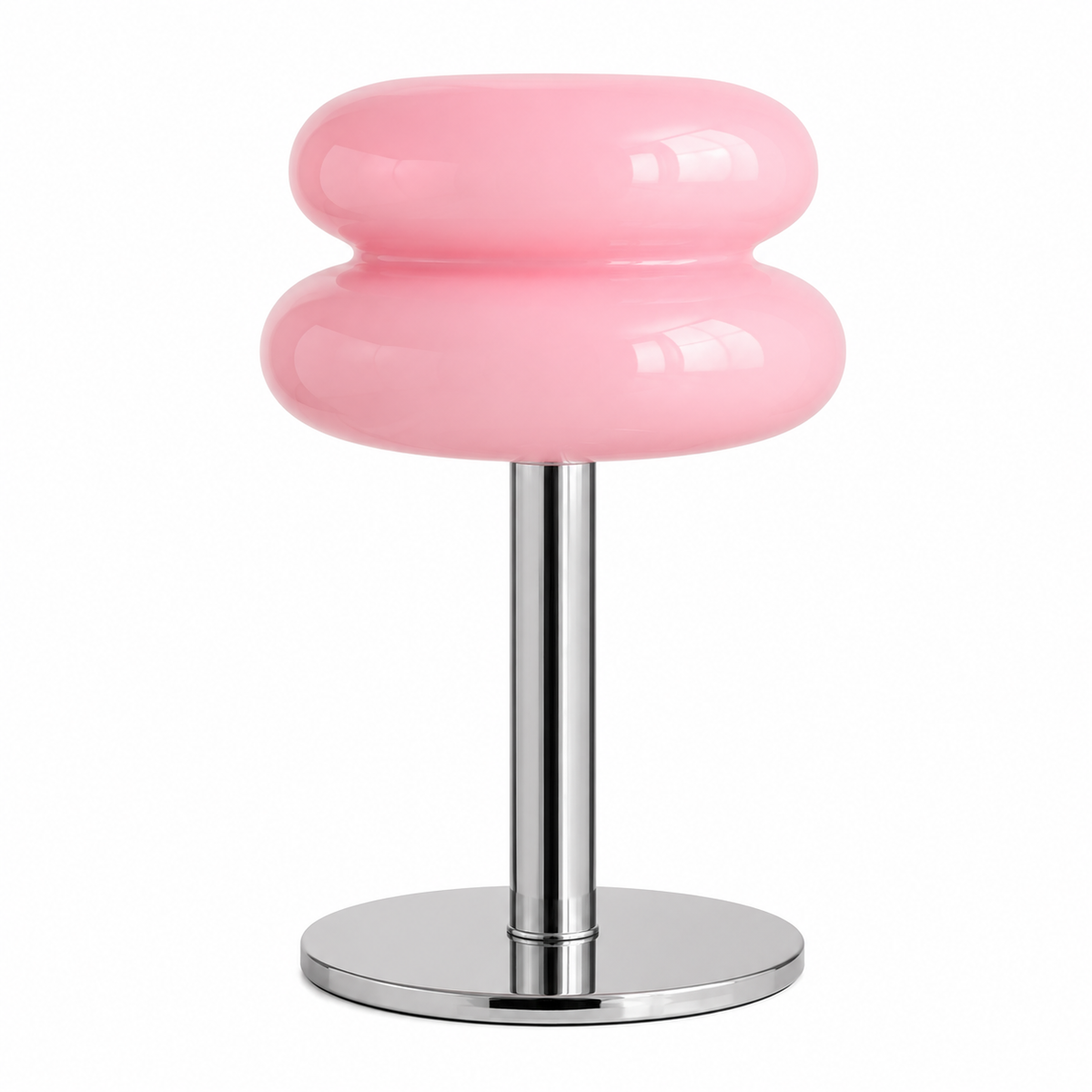 A modern pink bar stool with a glossy, two-bulb bubble seat on a polished chrome pedestal base, shown against a plain white background.