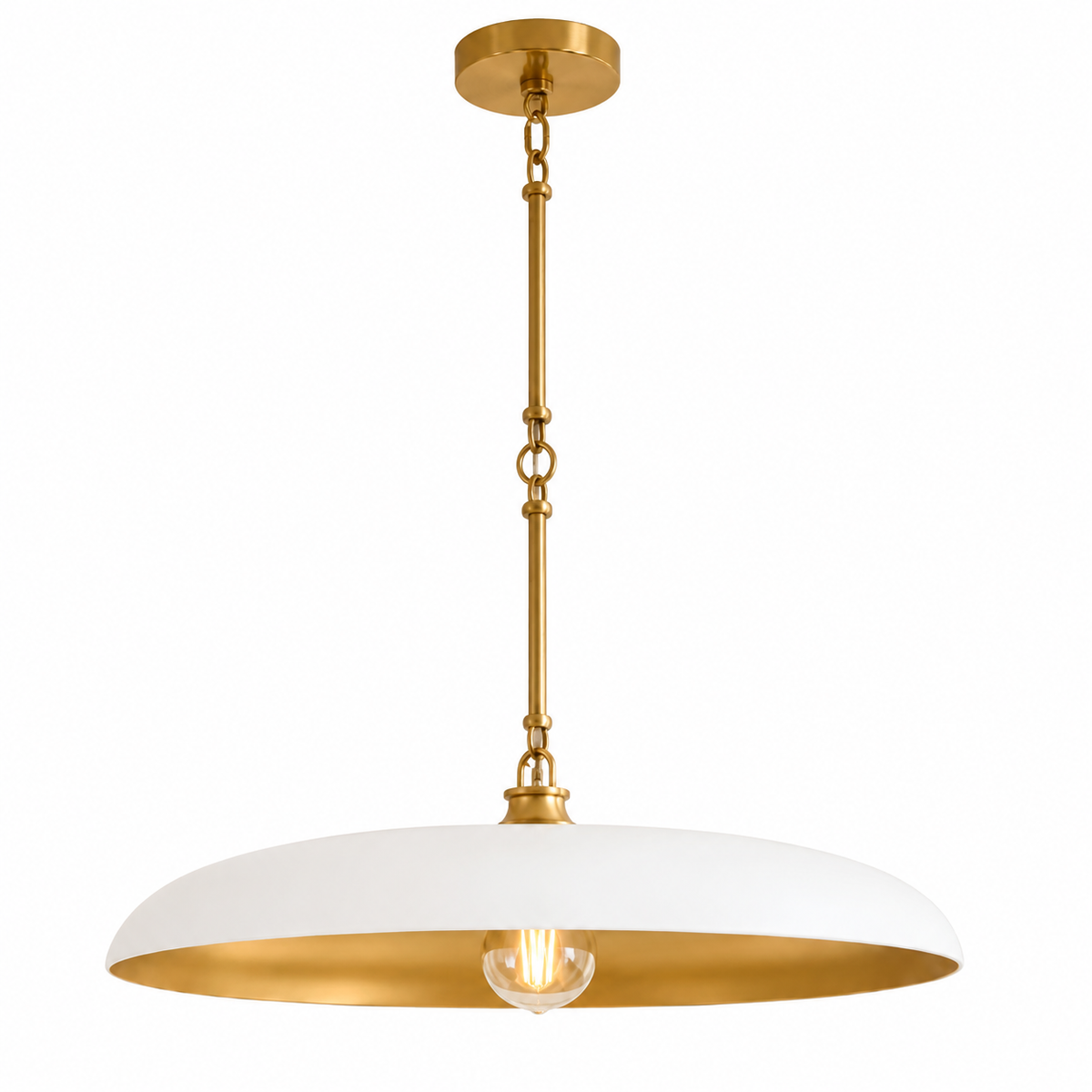 A modern pendant light fixture with a wide, shallow white dome shade, a polished gold brass interior, a gold brass suspension rod, and a gold brass ceiling canopy, shown against a solid white background.