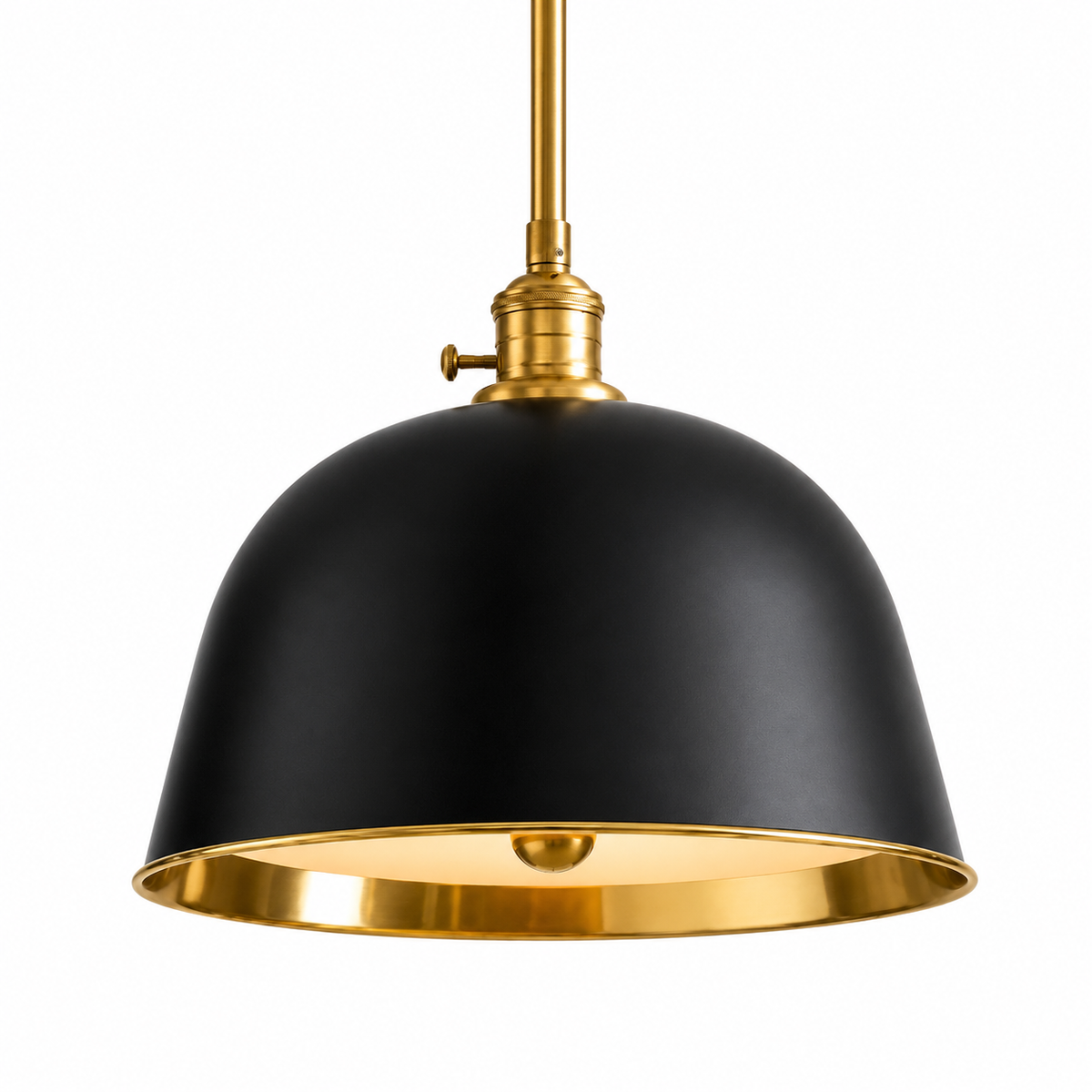 A modern pendant light with a matte black dome-shaped shade and a polished gold brass interior and suspension hardware, shown against a solid white background.