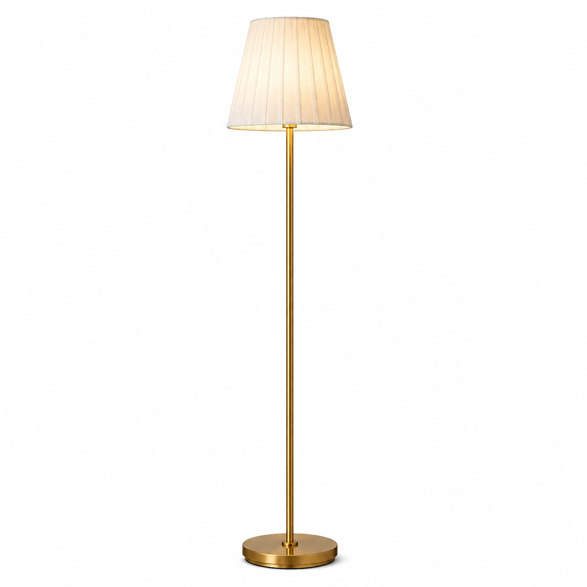 A modern floor lamp with a slim gold-finished metal stand and a pleated off-white fabric shade, shown against a plain white background.