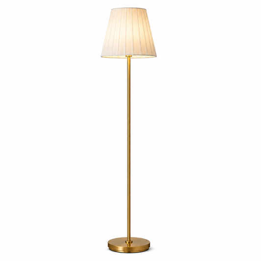 A modern floor lamp with a slim gold-finished metal stand and a pleated off-white fabric shade, shown against a plain white background.