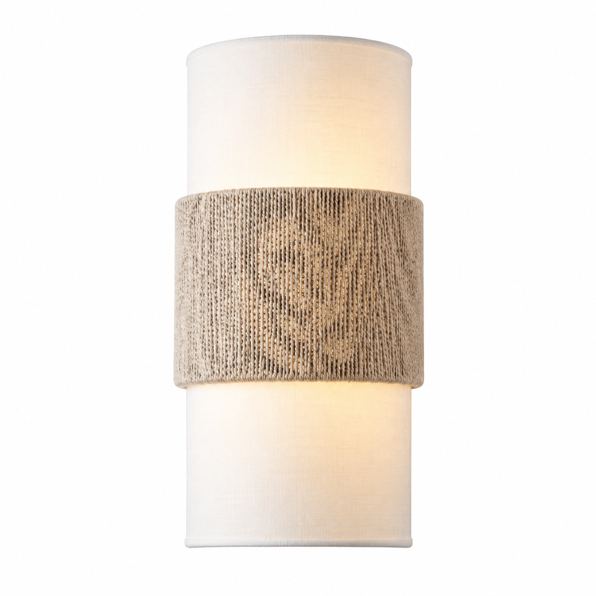 A modern wall sconce light fixture featuring a cylindrical white fabric shade with a textured beige woven band wrapped around the middle, emitting a warm glow.