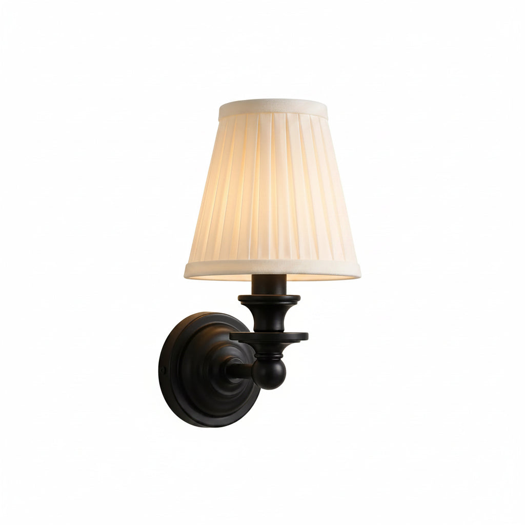 Retro brass linen shade wall sconce with curved metal arm for bedroom, hallway, living room, and entryway-1.