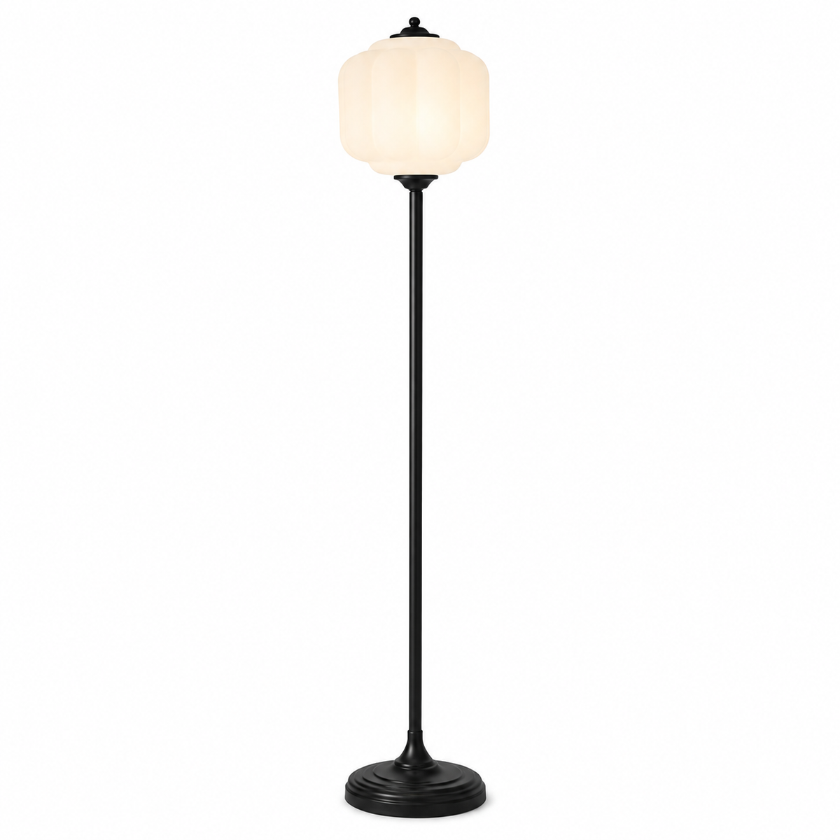 A modern floor lamp with a black metal stand and a ribbed, bell-shaped white glass shade that glows with warm light, set against a plain white background.